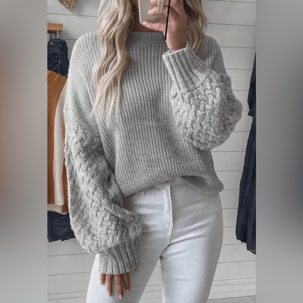 LIGHT GREY CABLE KNIT SLEEVE DROP SHOULDER SWEATER